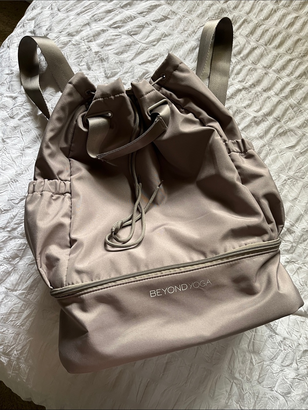 Beyond Yoga Taupe Drawstring Backpack